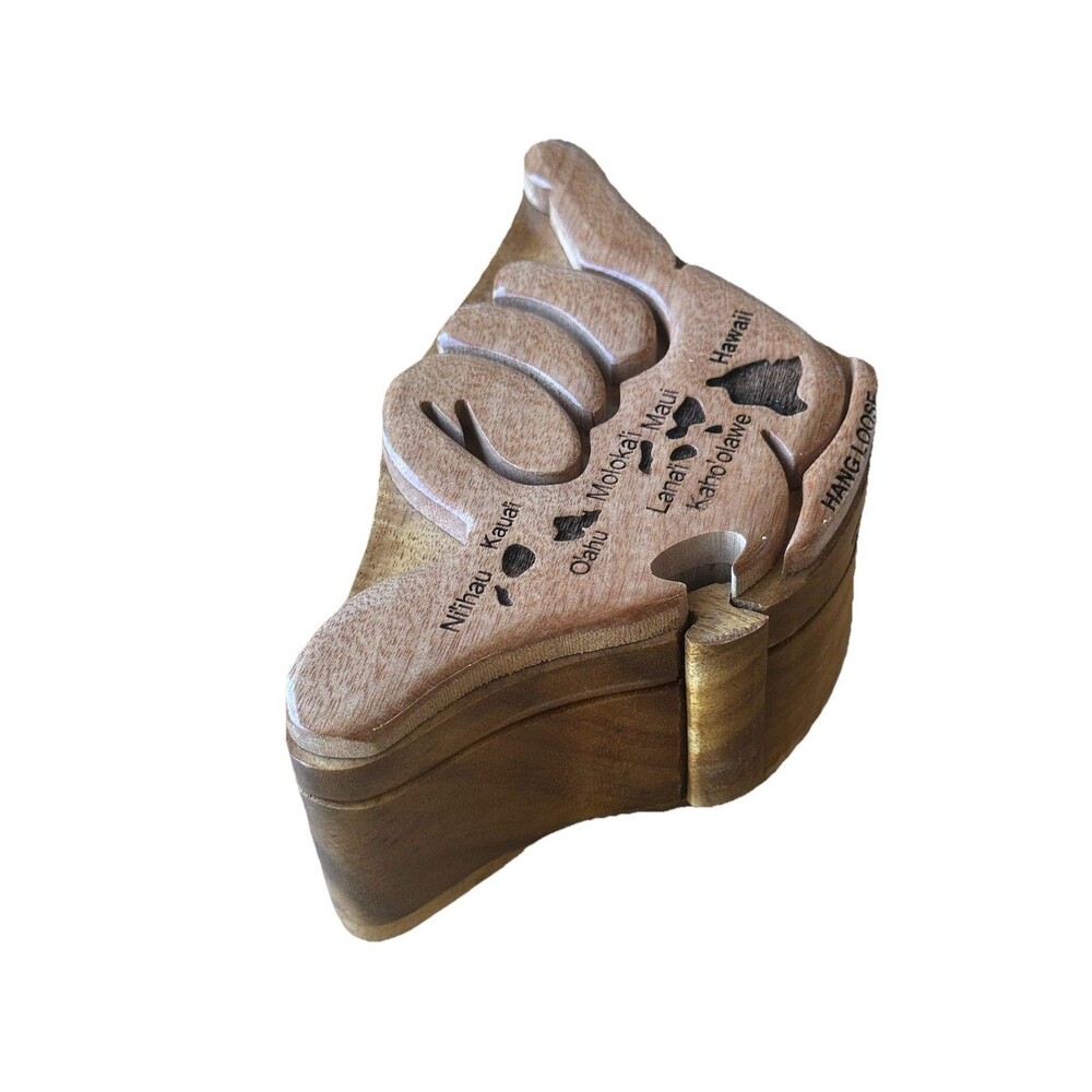 VTG Carved Wood Hawaii Hang Loose Hand Puzzle Box W Carved Islands Trinket Box - Picture 3 of 15